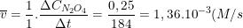 \dpi{100} \small \overline{v}=\frac{1}{1}.\frac{\Delta C_{N_2O_4}}{\Delta t}=\frac{0,25}{184}=1,36.10^{-3}(M/s)